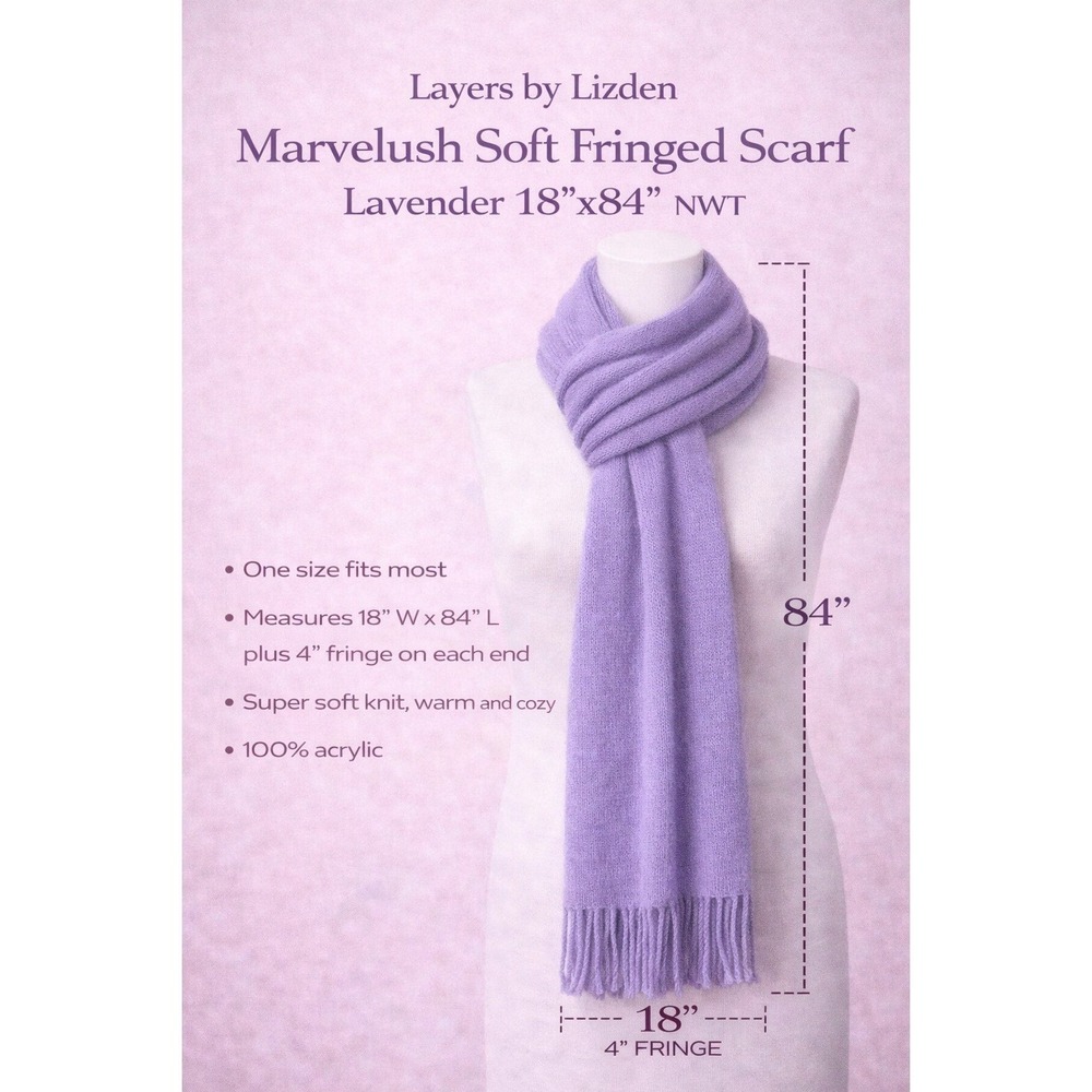 Layers by Lizden Marvelush Soft‎ Fringed Scarf Lavender Purple 18x84 NWT